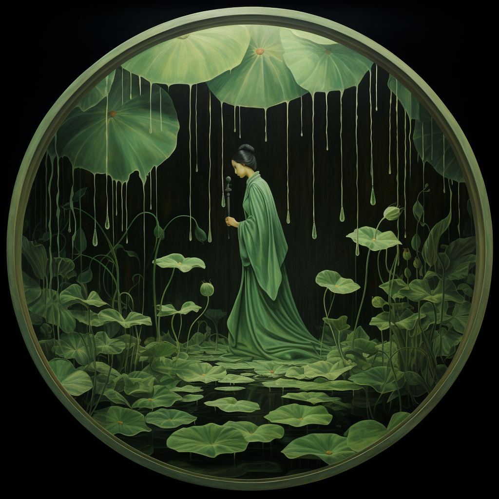 Maiden in Spring Rain on Green Background with Lotus Leaf