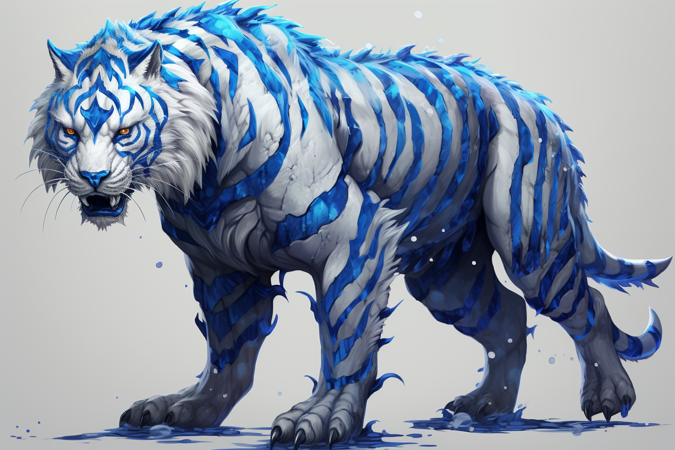 Majestic blue tiger game character in Ben Specklin art style