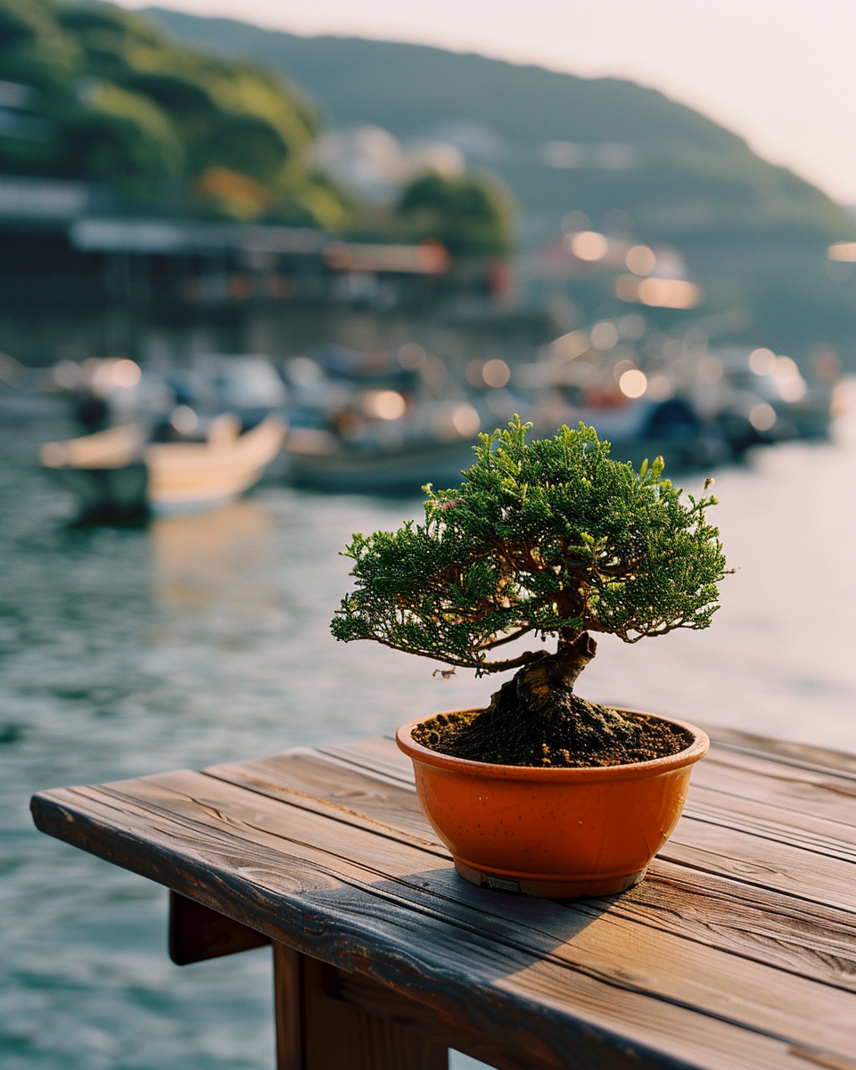 Majestic bonsai tree in orange pot