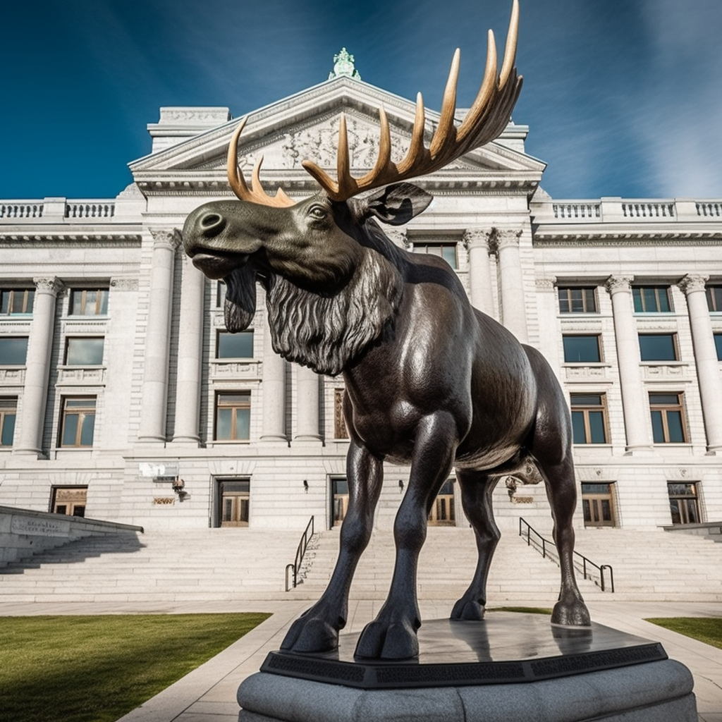 Majestic Bull Moose in front of Government Building