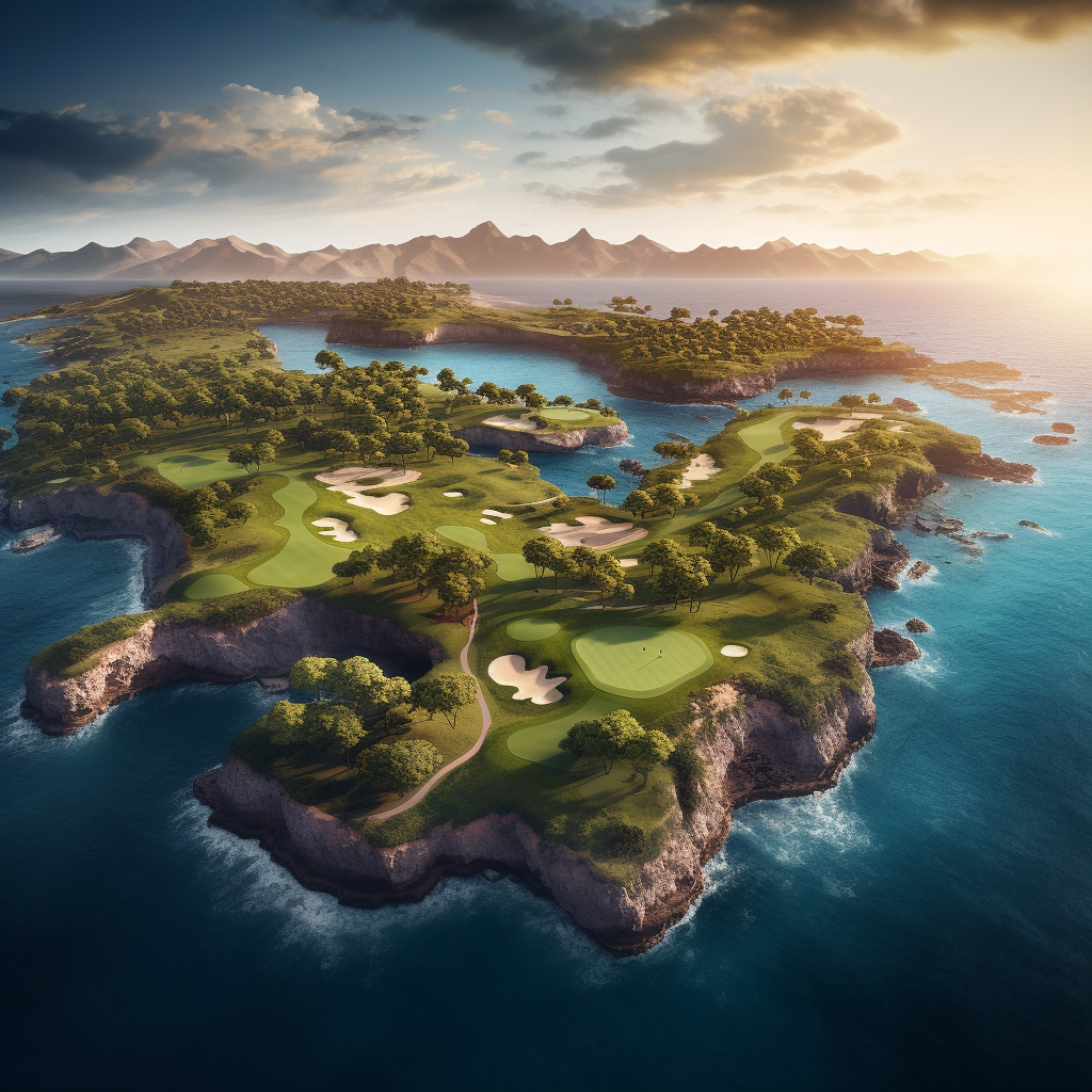 Aerial view of majestic golf course island