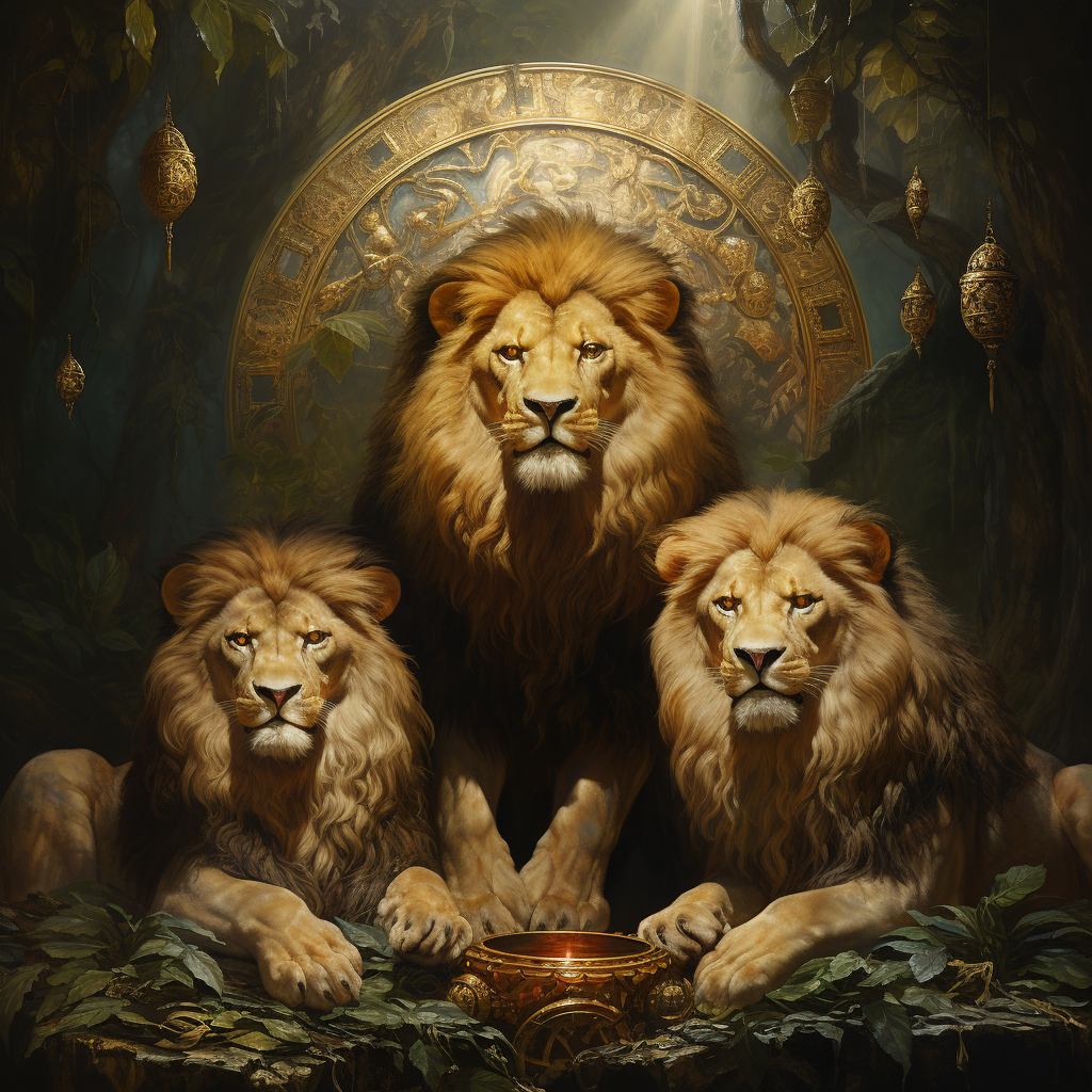 Majestic jungle lions with gold coins