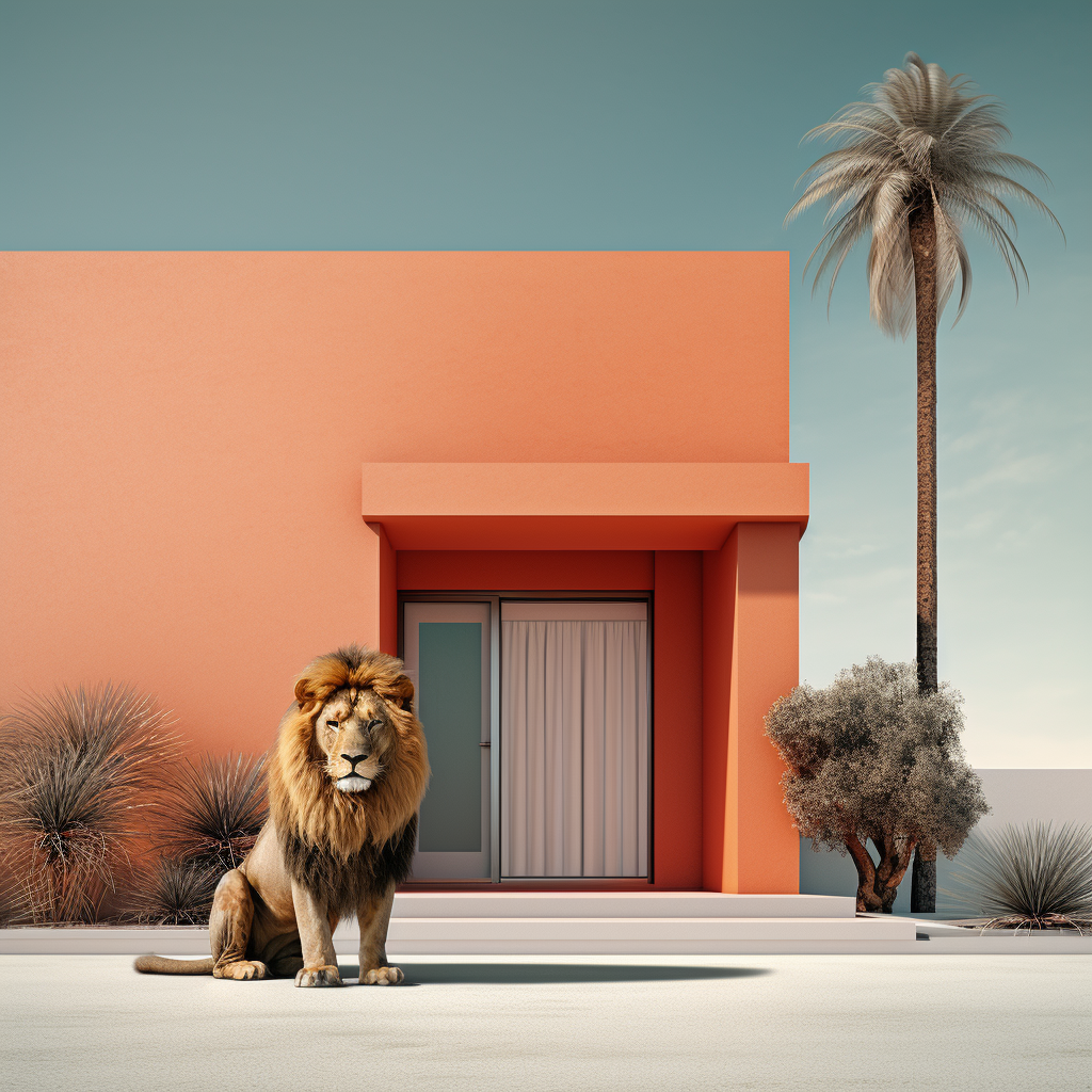 Majestic orange lion in front of home