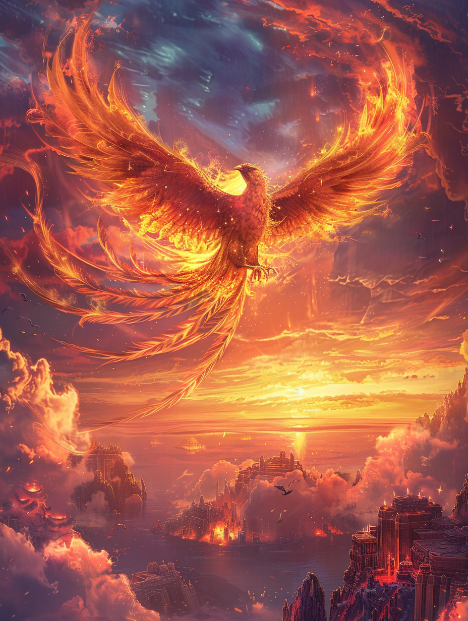 Fiery Phoenix Sunset Wings Spread