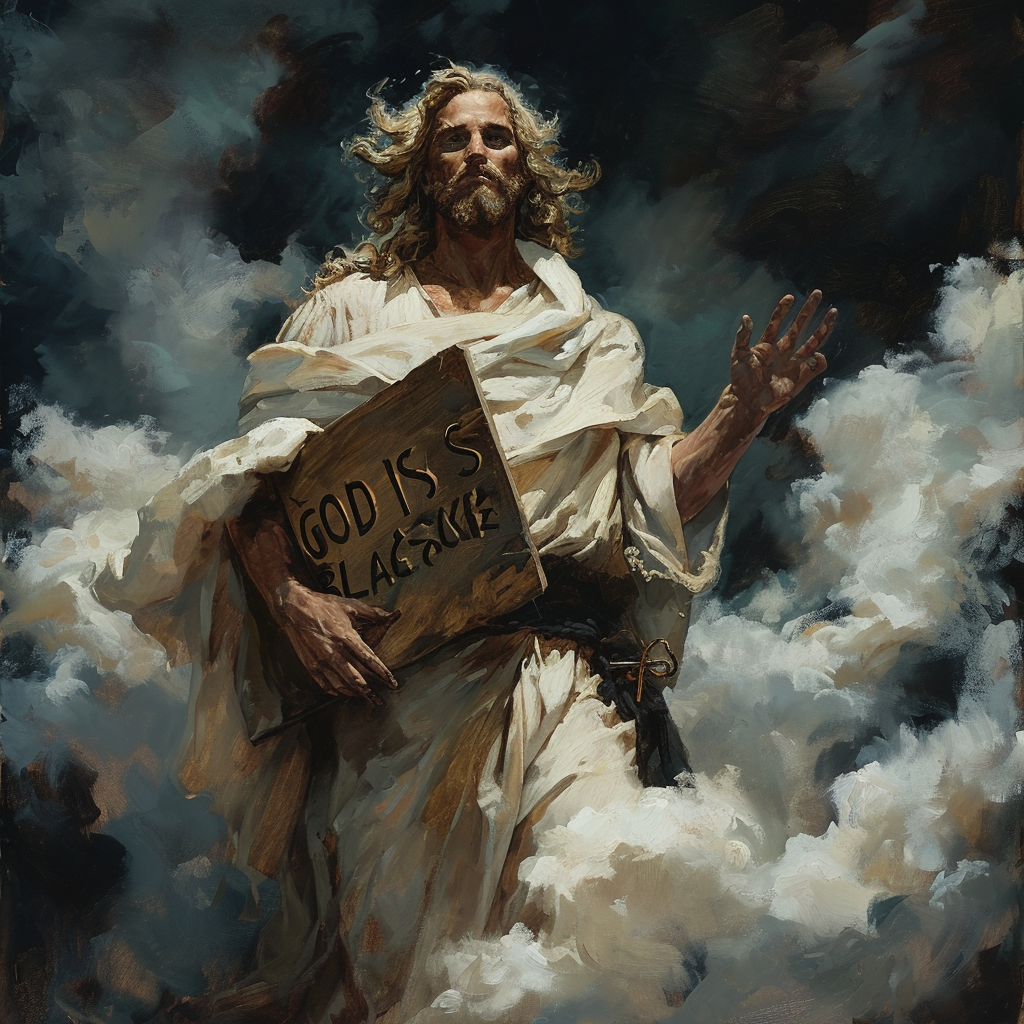 Image of majestic white blonde Jesus holding a sign