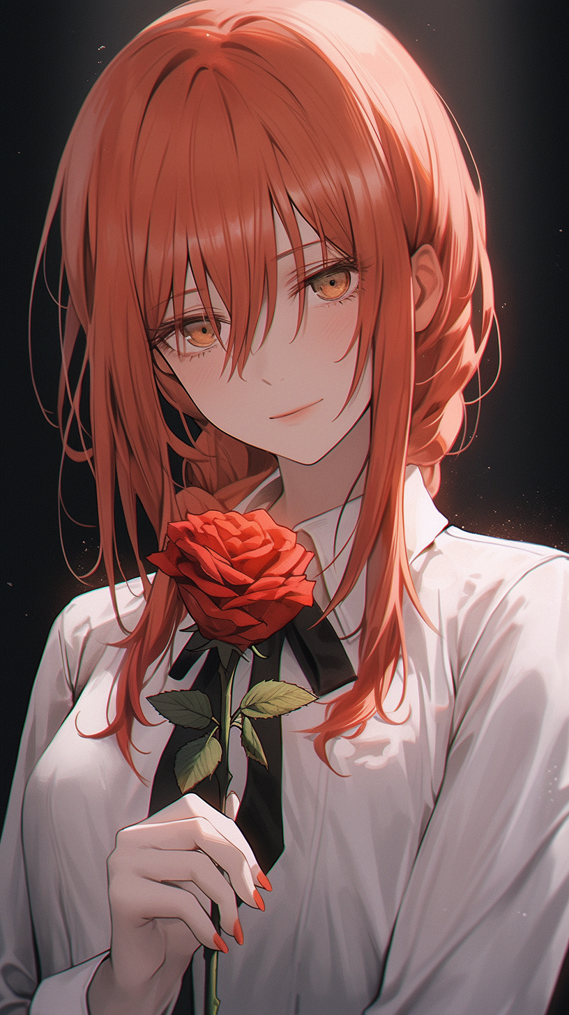 Makima holding a rose in anime style