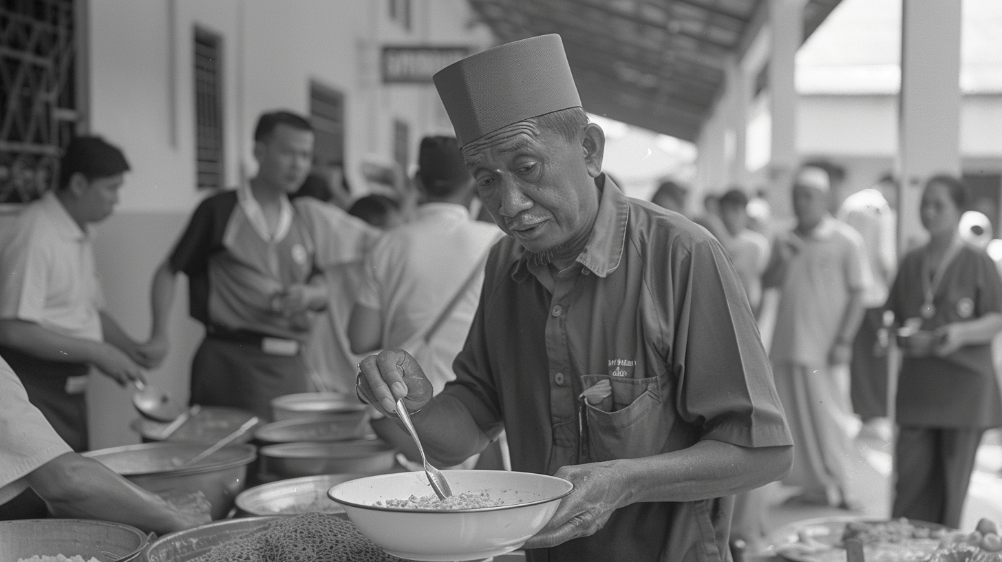 Malay man scooping porridge at food donation