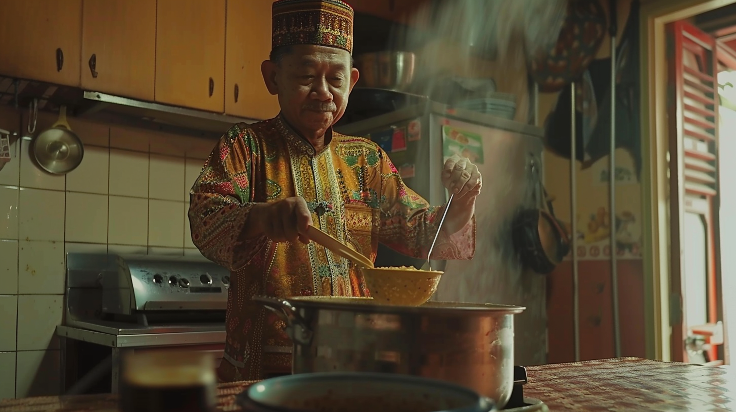 Malay man scooping porridge indoors