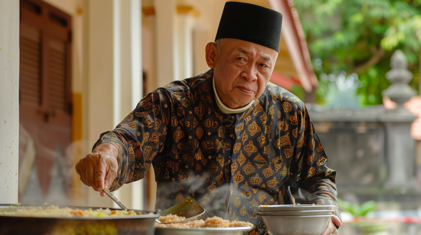 Malay man scooping porridge mosque