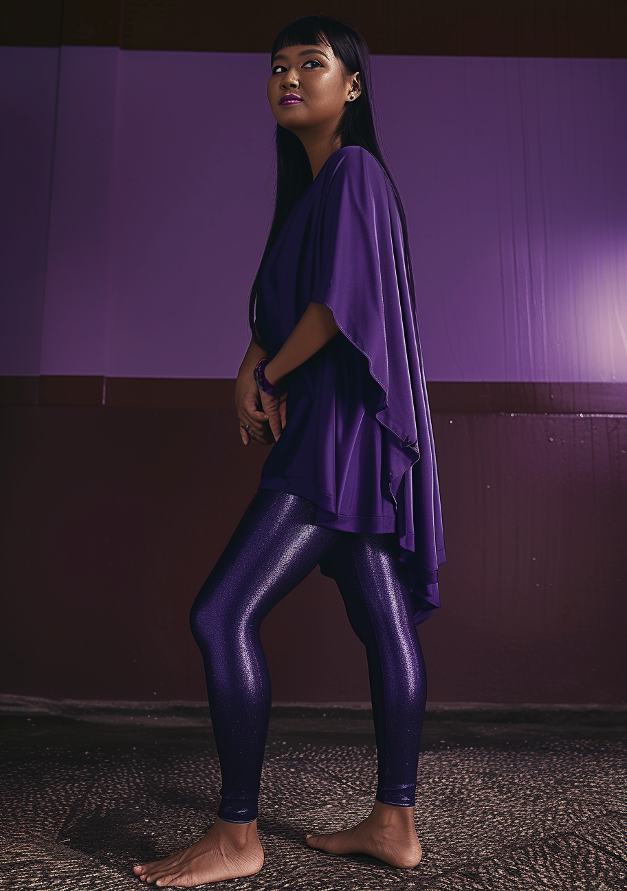 Malay-Singaporean supermodel in purple leggings and kaftan