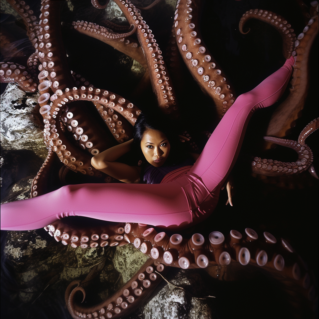 Malaysian-Malay supermodel in pink leggings with tentacles