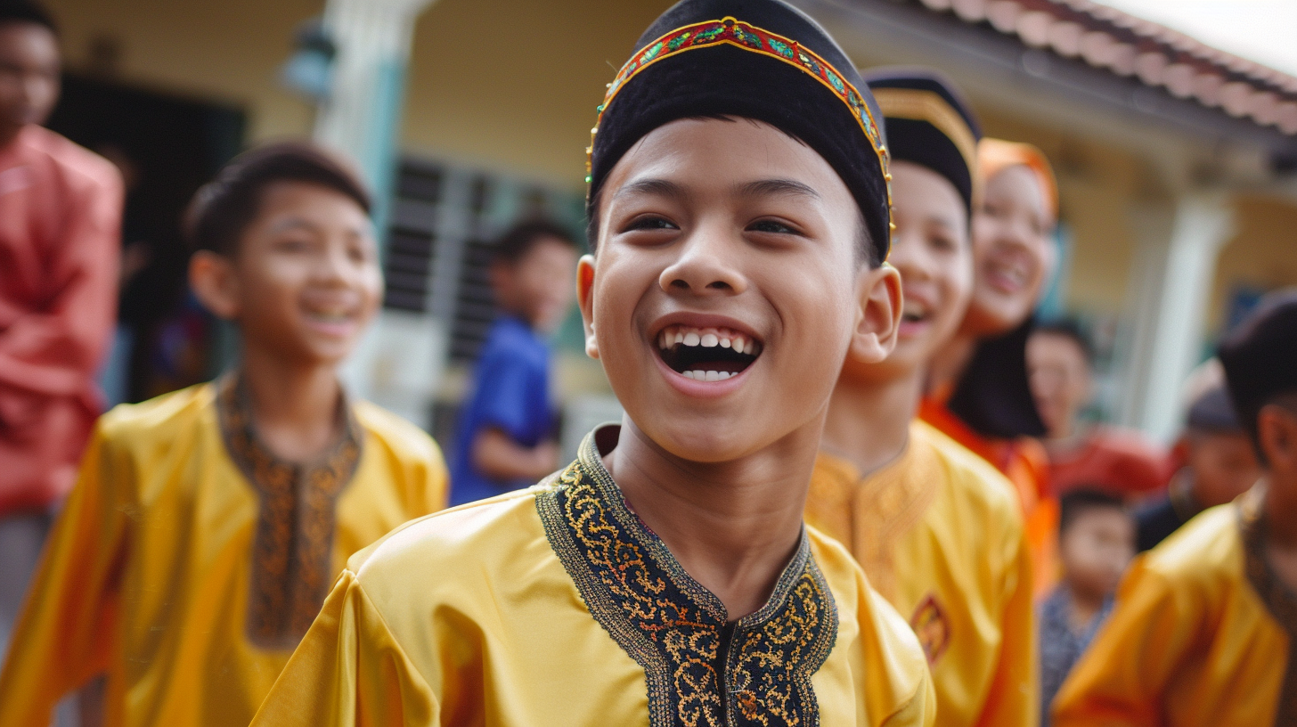 Malay teenage boy laughing with friends