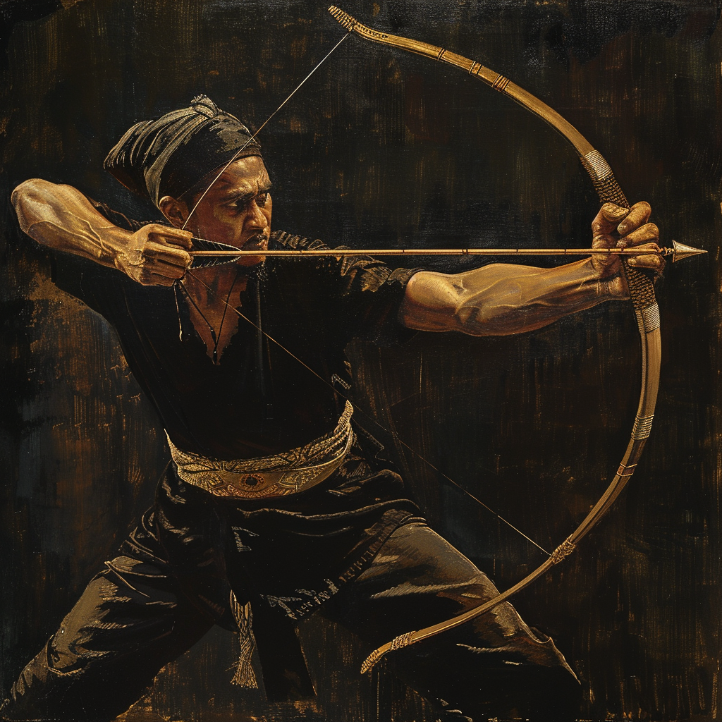 Malay warrior in black archery pose