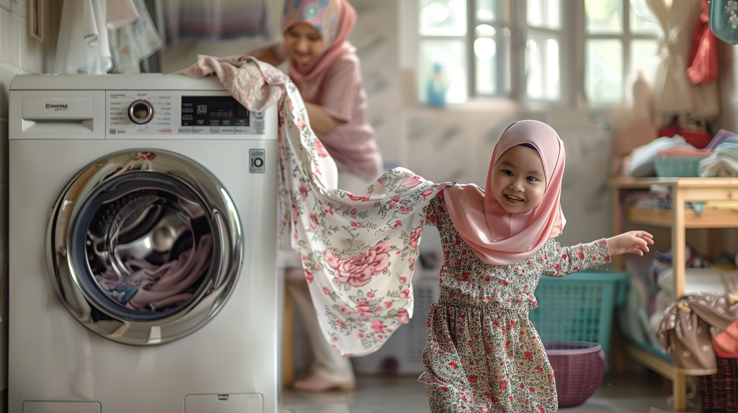 Malaysia Muslim Mother Daughter Laundry