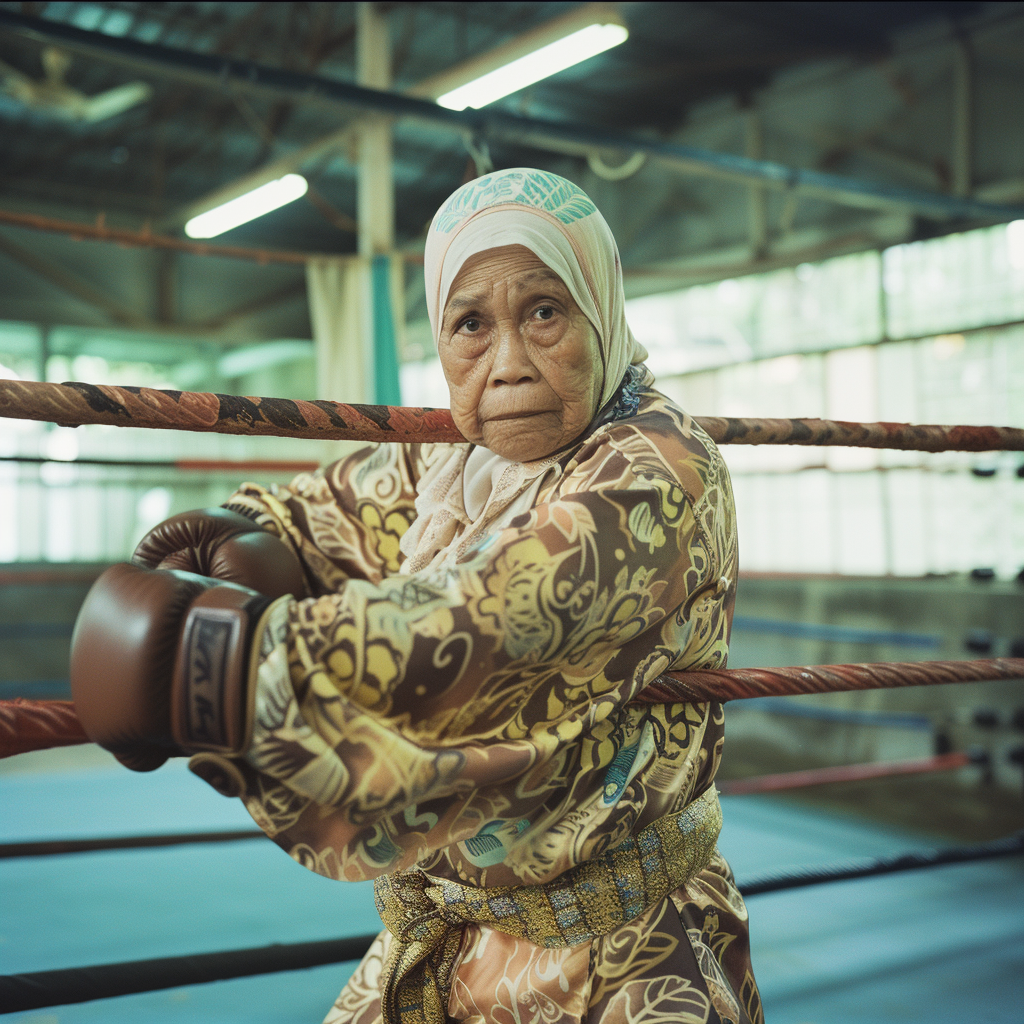 Malaysian Hijabi Grandmother Practicing Muay Thai