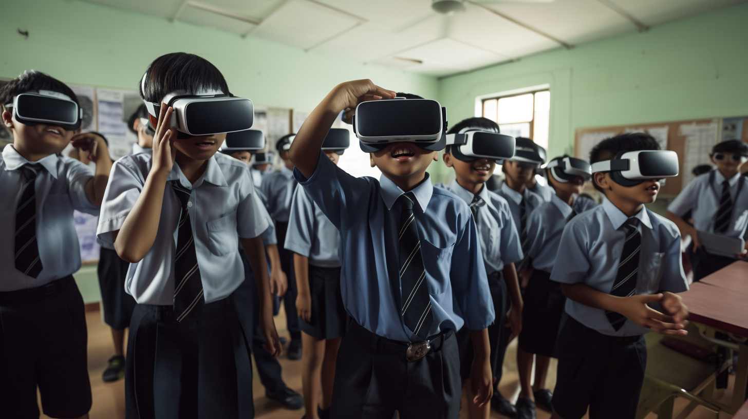 Malaysian kids experiencing virtual reality in classroom