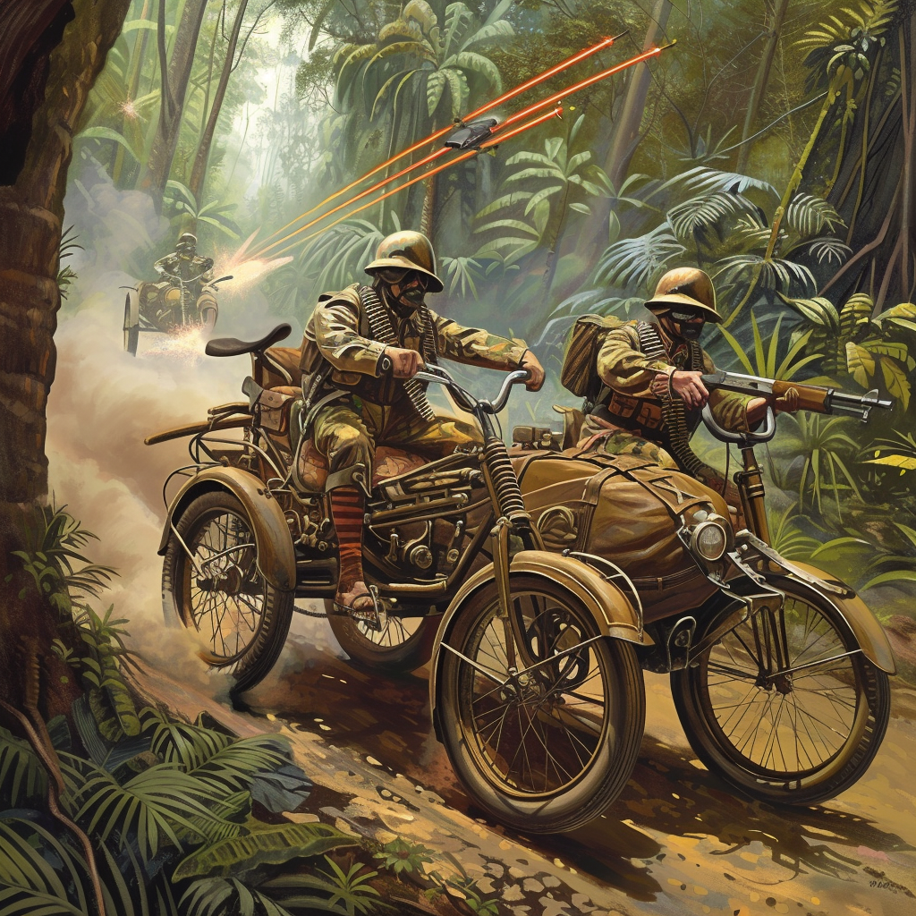 Malaysian Militias Firing from Modified Military Combat Rickshaw with Sidecar