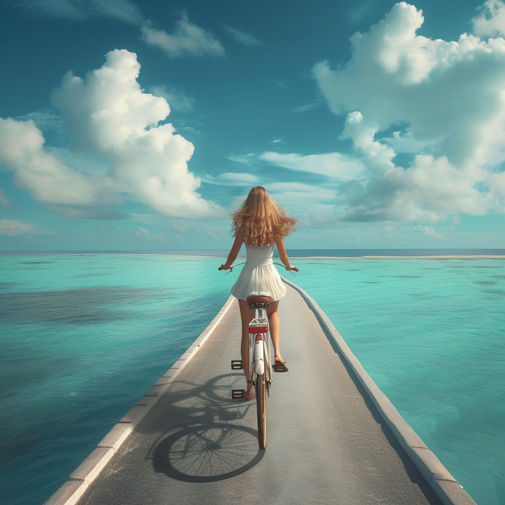 Woman Riding Retro Bicycle in Maldives