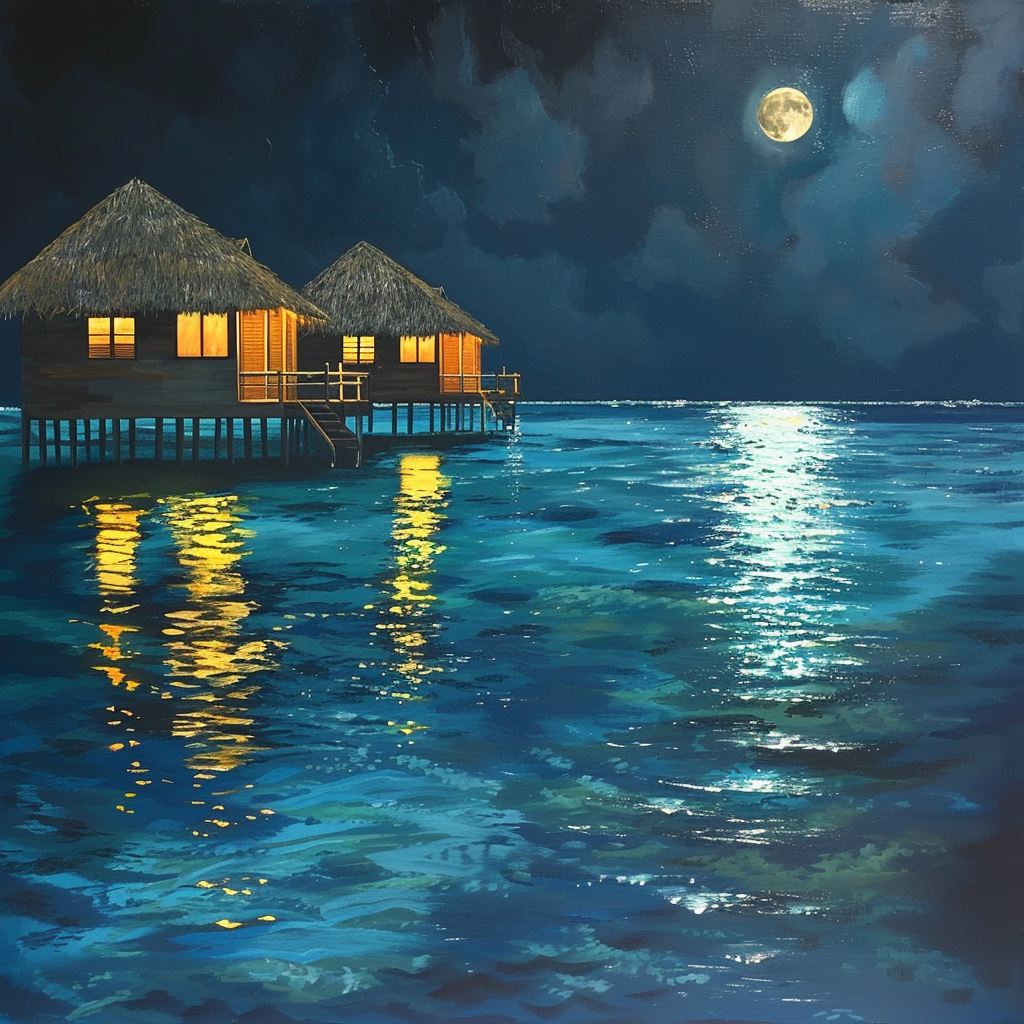 Maldives huts night sea moonlight