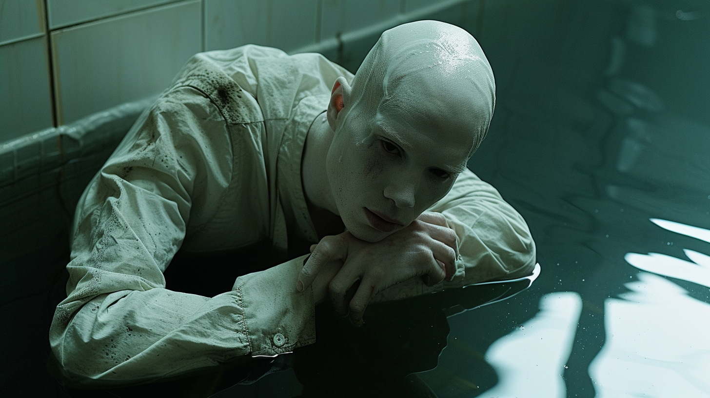 Male Android Albino Model Floating in Water Tank