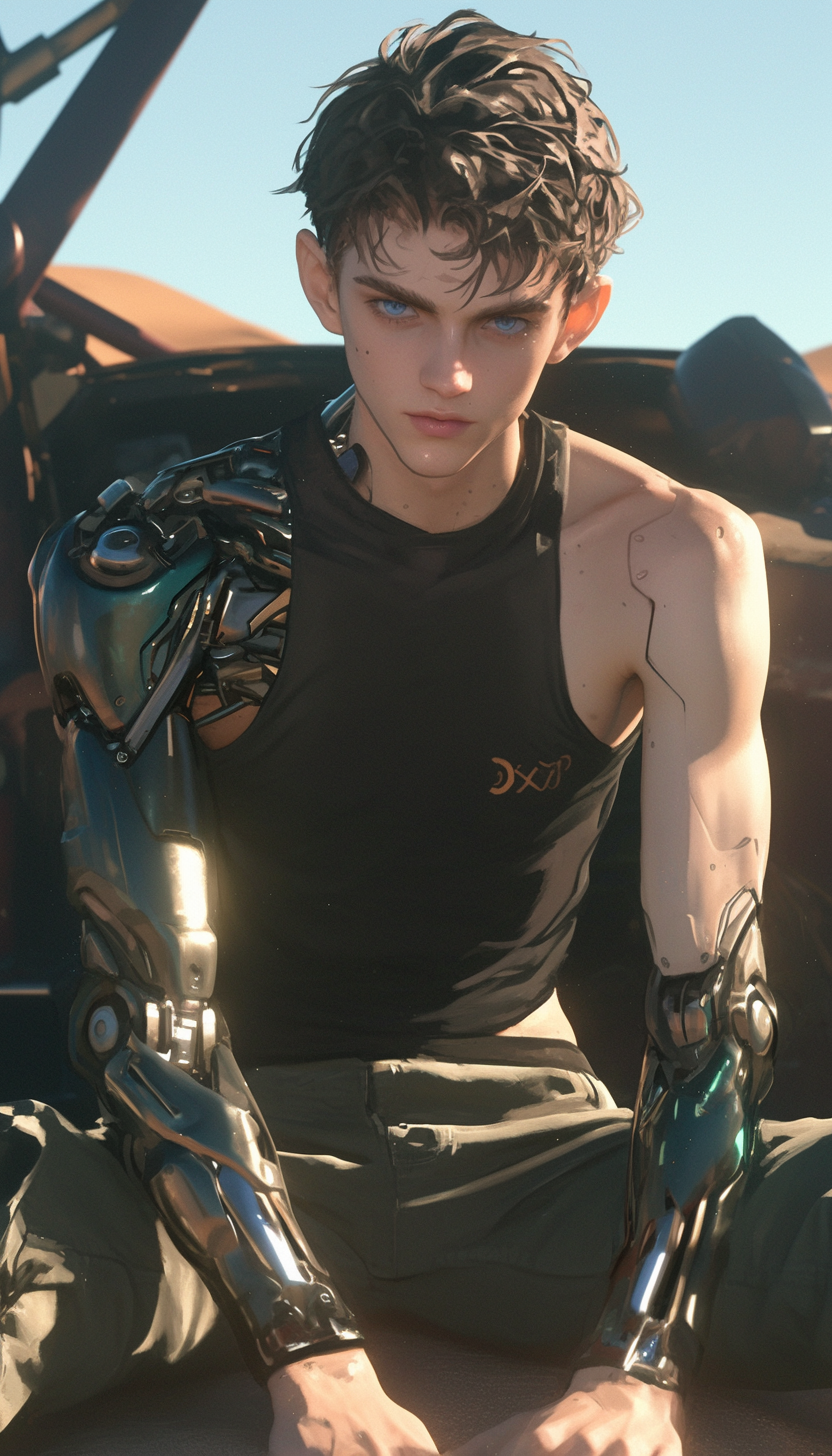 Male android sitting in cyberpunk desert