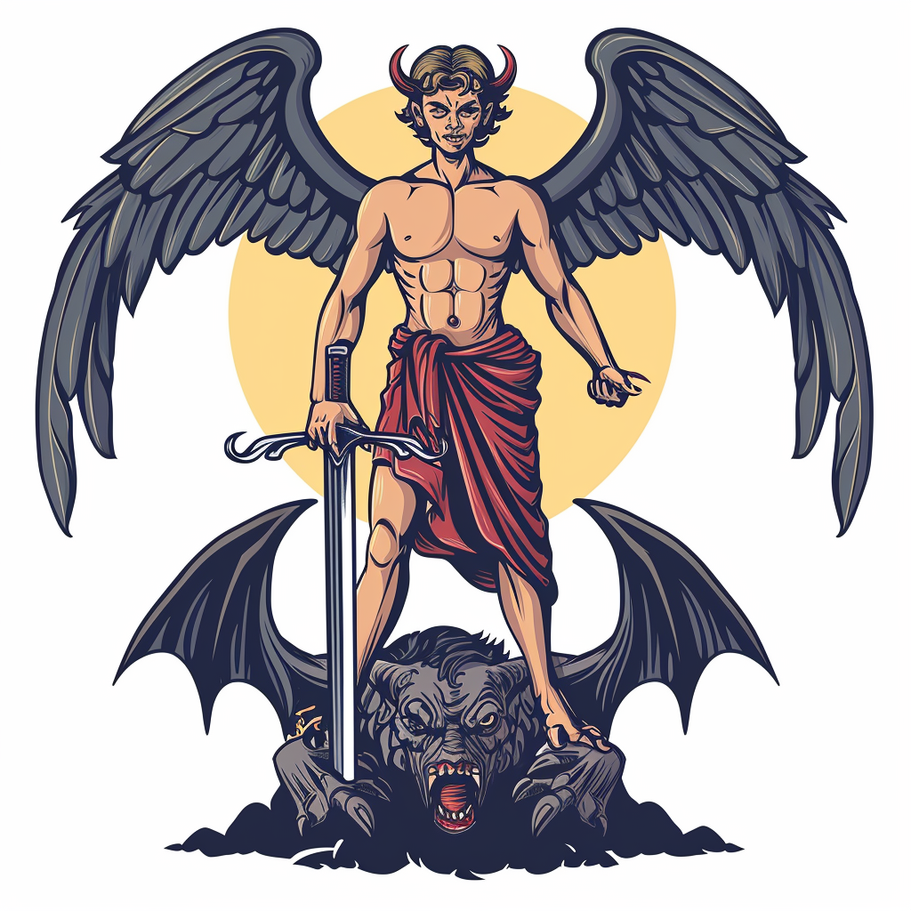 Male angel holding sword on demon