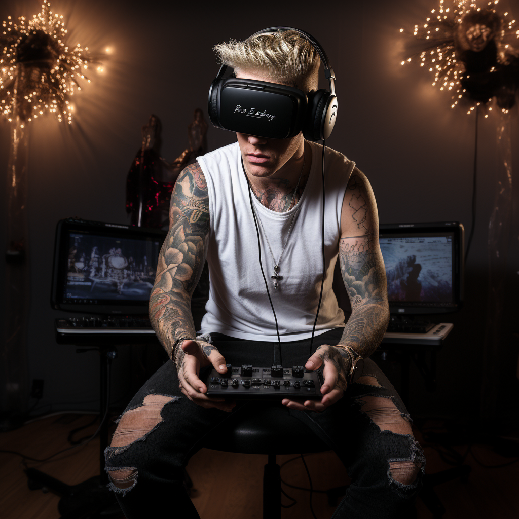 Man with Blonde Hair and Tattoos Recording Music in VR