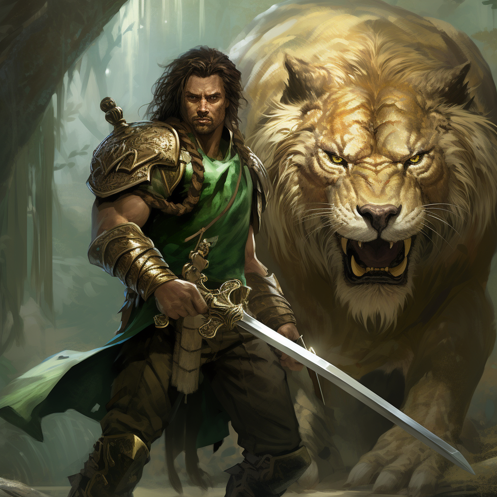 Fearless ranger wields sword with smilodon companion