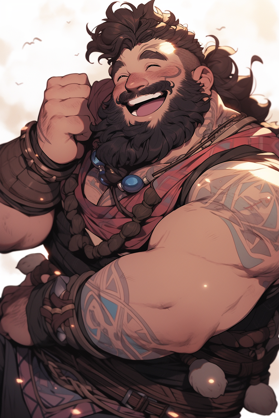 Happy male dwarf viking character with messy hair