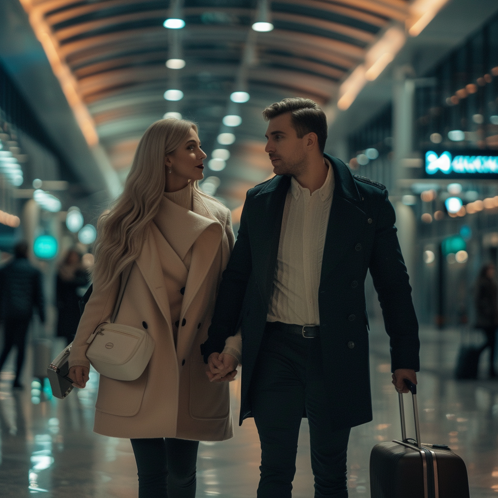 Male entrepreneur and blonde girl with suitcases at Vnukovo Airport