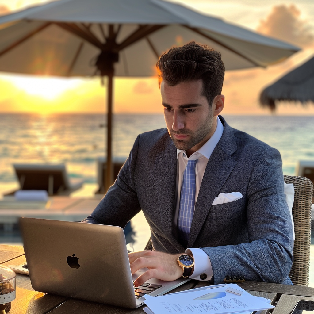 male entrepreneur working at luxury resort