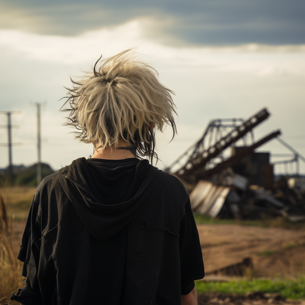 Man with Bleached Punk Hair in Postapocalyptic Landscape