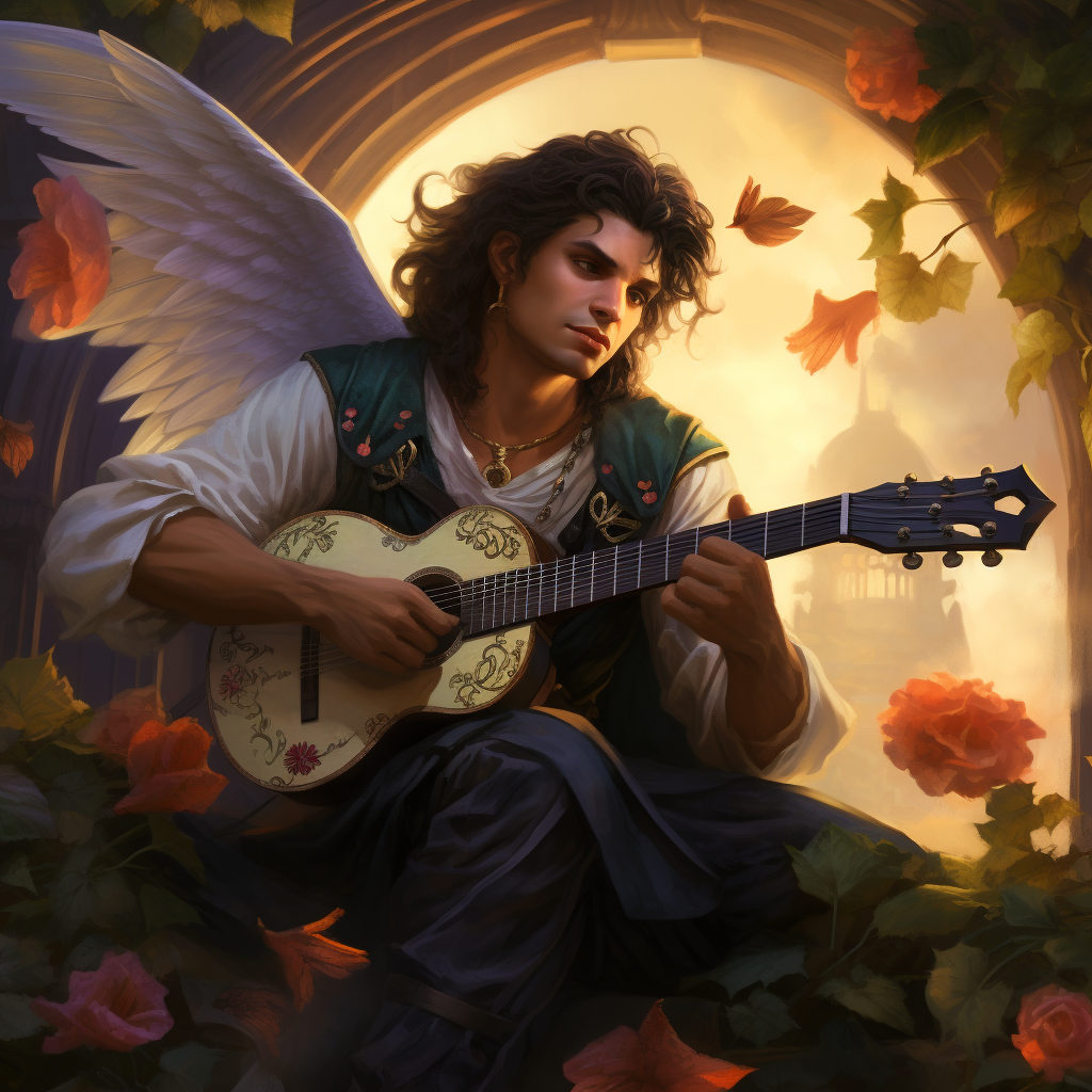 Male fairy with bird wings holding a lute