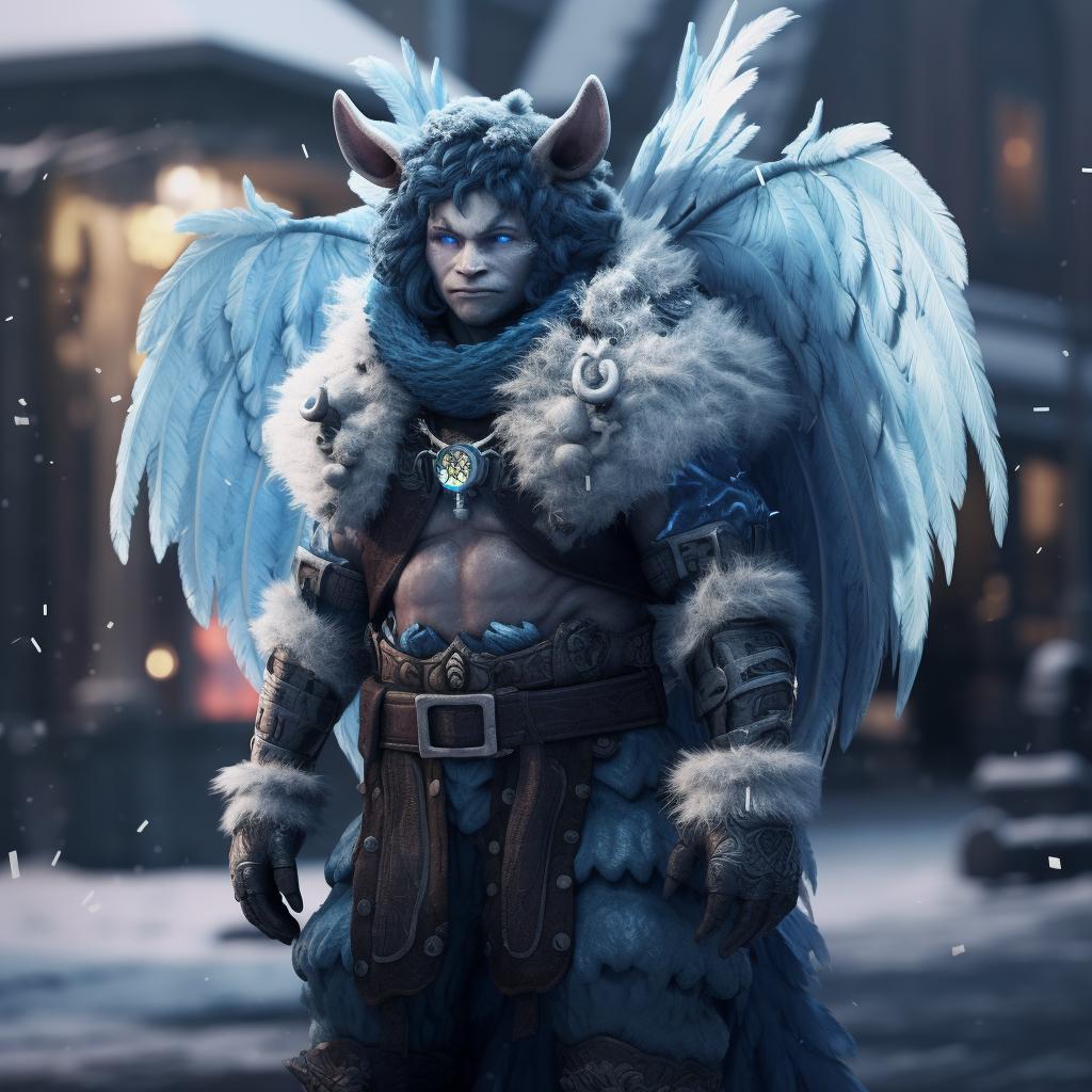 Male fairy with blue butterfly wings in winter village