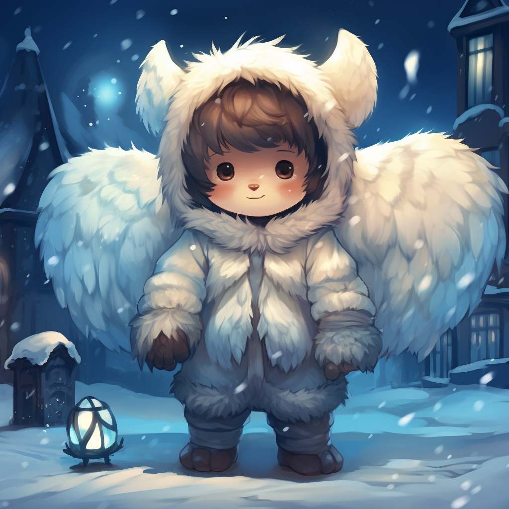 Male fairy in white furry bear suit with blue butterfly wings