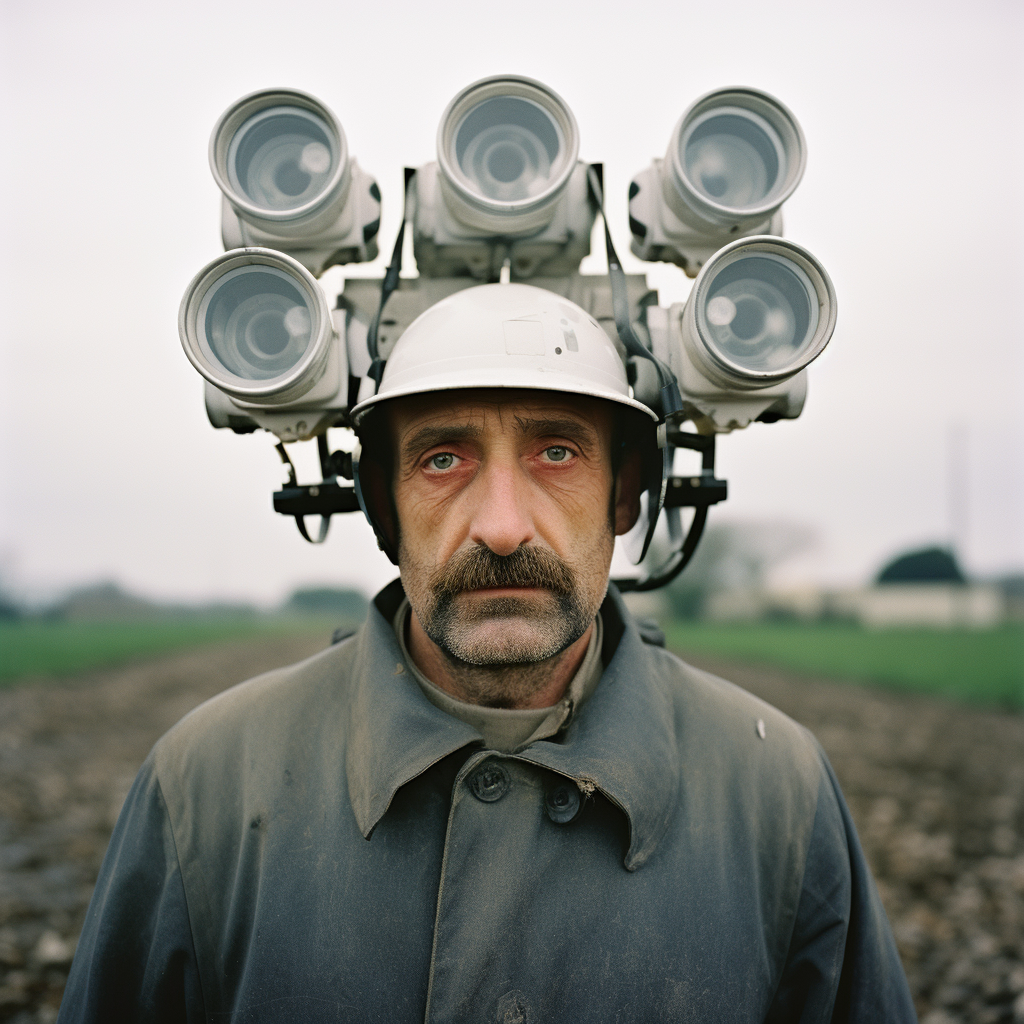 Male farmer using futuristic movie camera in Paris