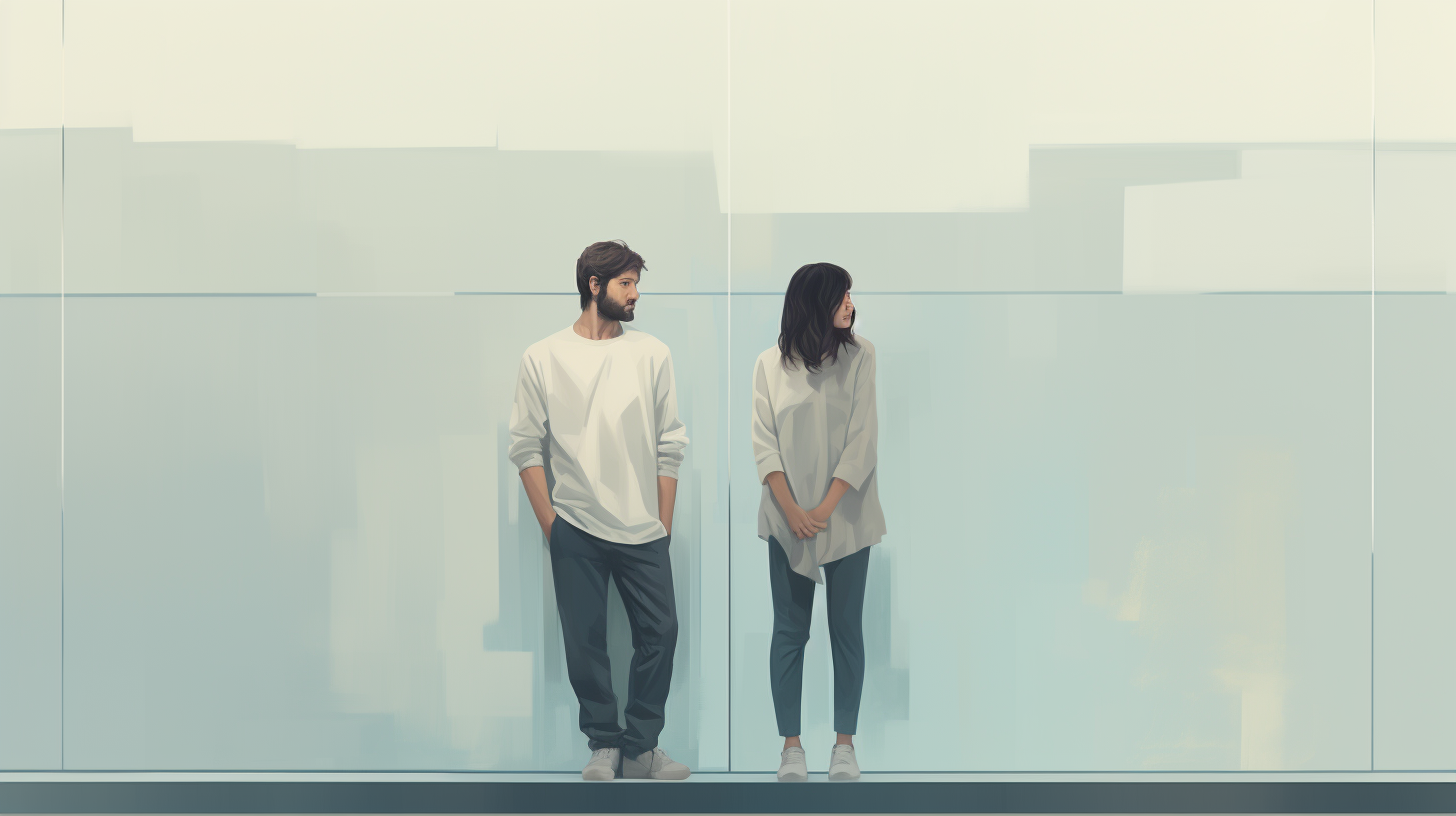 Male and female painters leaning on a glass wall