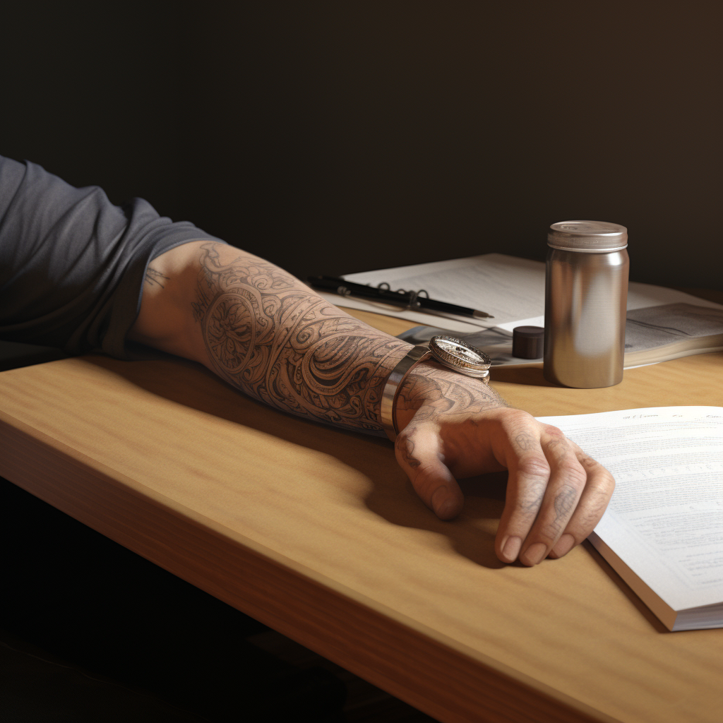 Male forearm resting on table