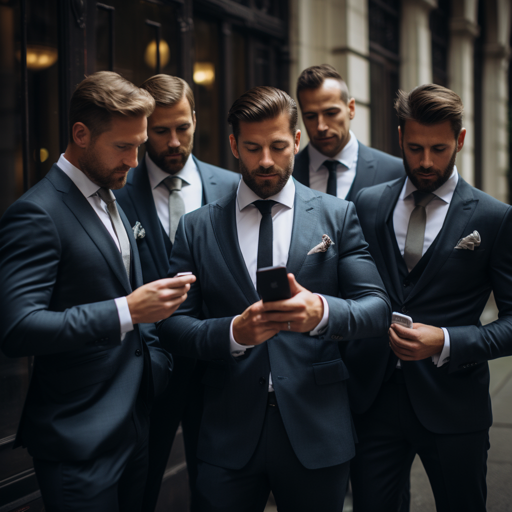 Group of male friends checking smartphone at a formal wedding