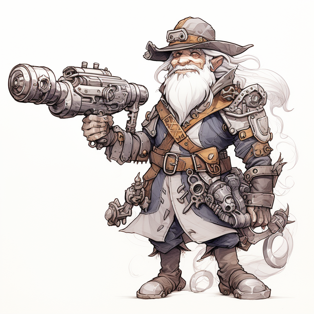 Silly and friendly male gnome artificer with clockwork blunderbuss