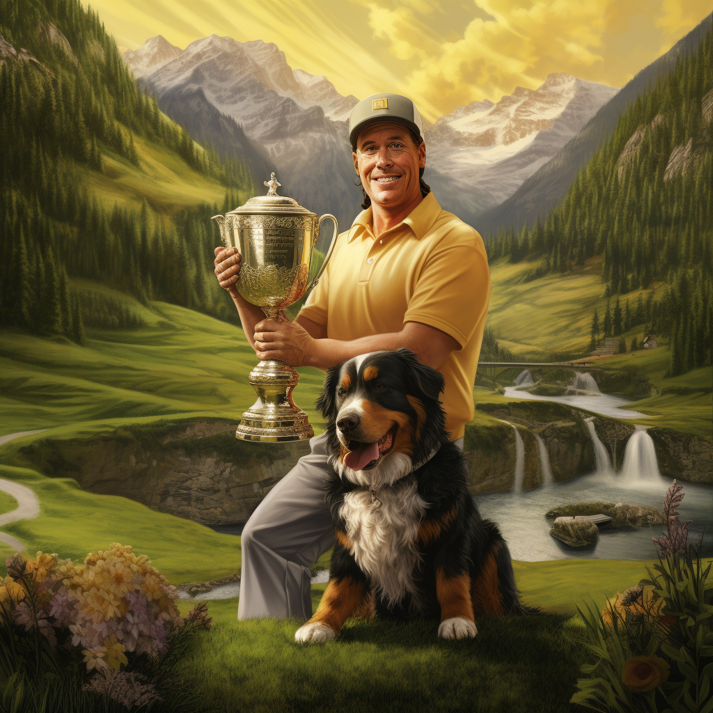 Older male golfer with championship cup and Bernese dog