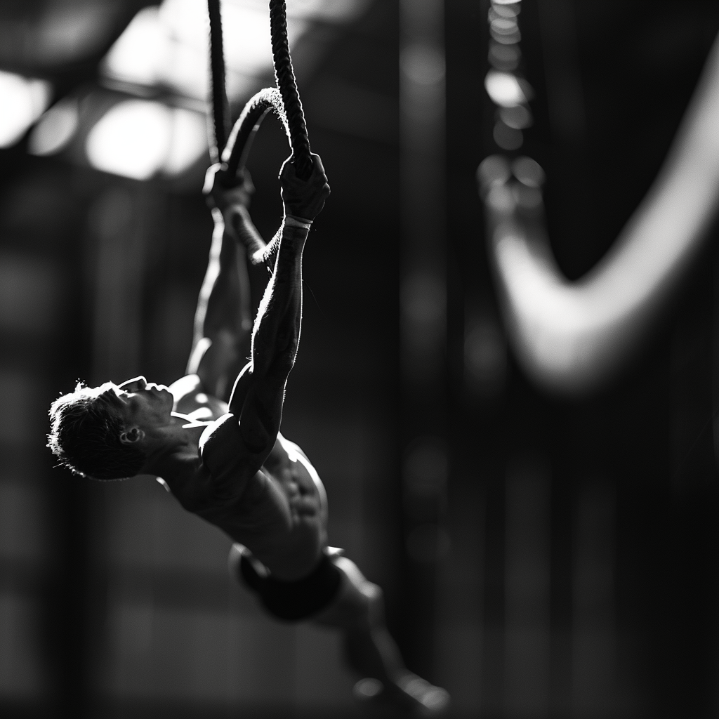 Monochrome photo of male gymnast on rings