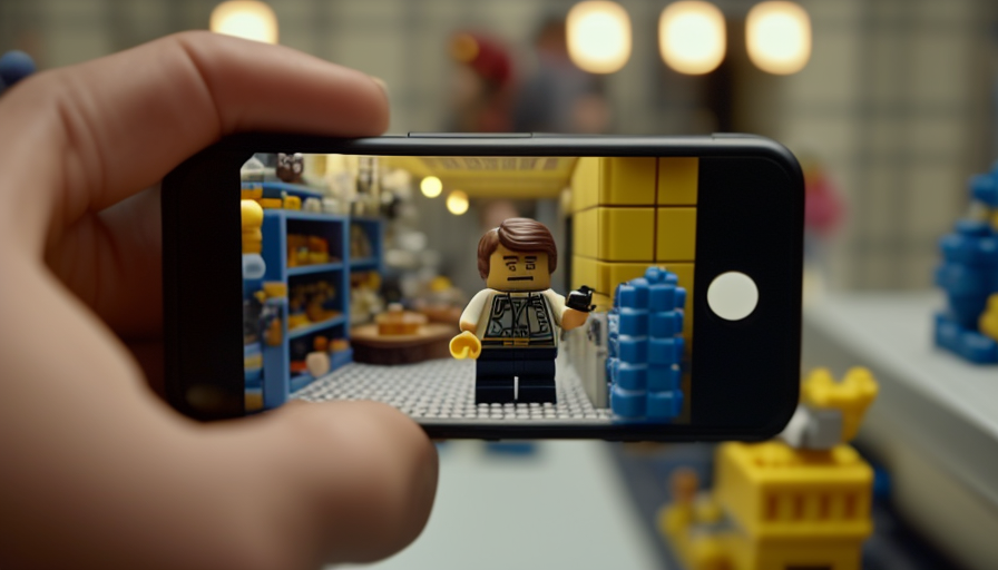 Male Hand Holding Cellphone in Lego Store