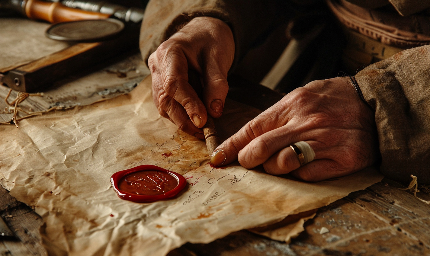 Hands sealing parchment letter with wax