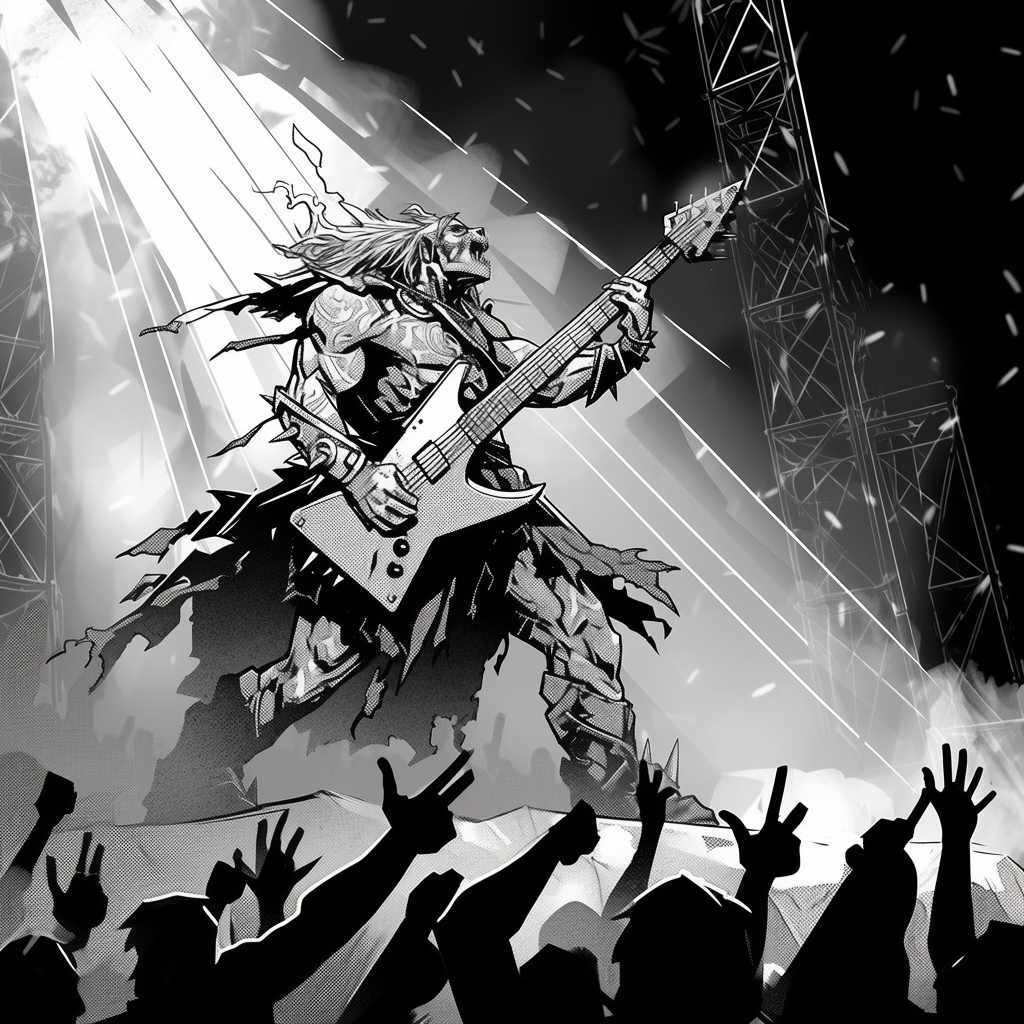 Black and white line art drawing of a male heavy metal guitarist