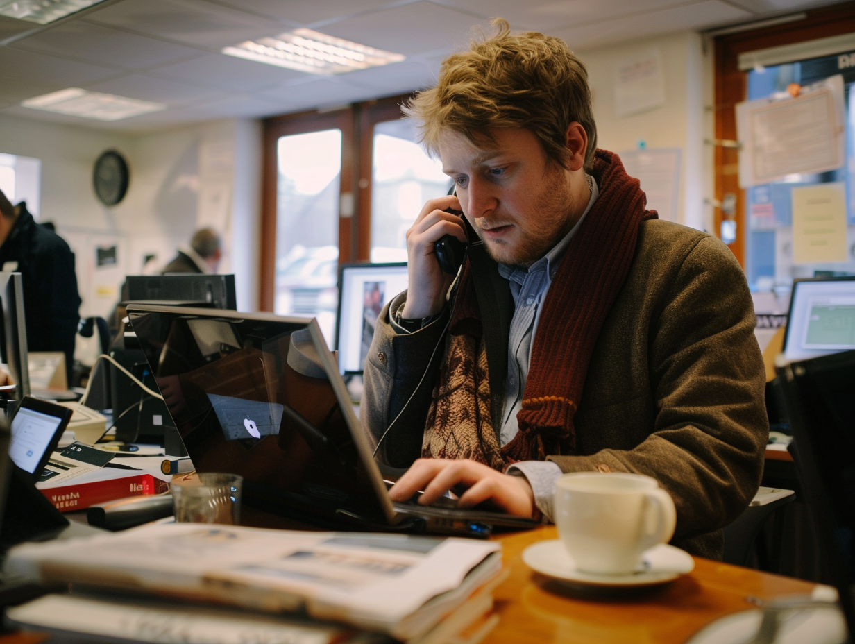 Male journalist typing on phone