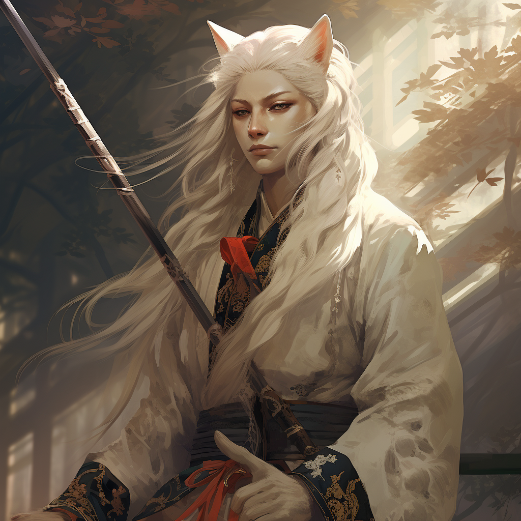 Stylish male kitsune in uniform with cane