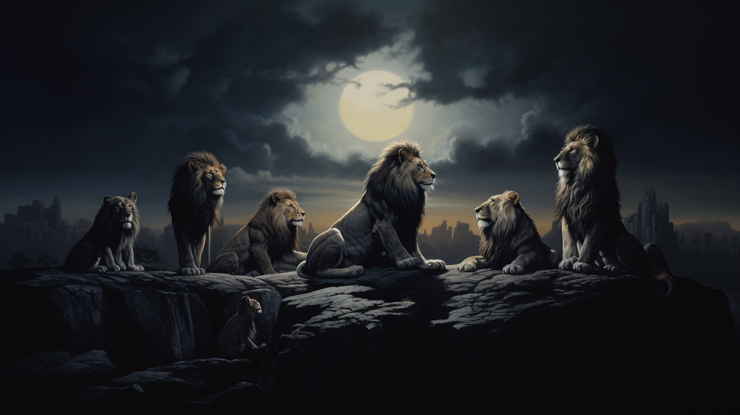 Group of male lions meeting at night