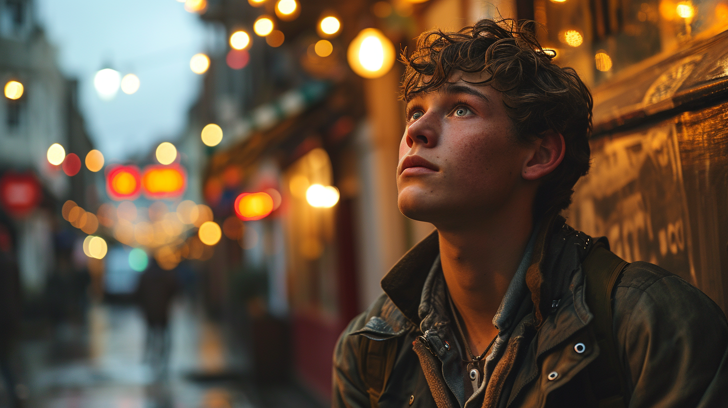 Image of serious male main character walking down the street