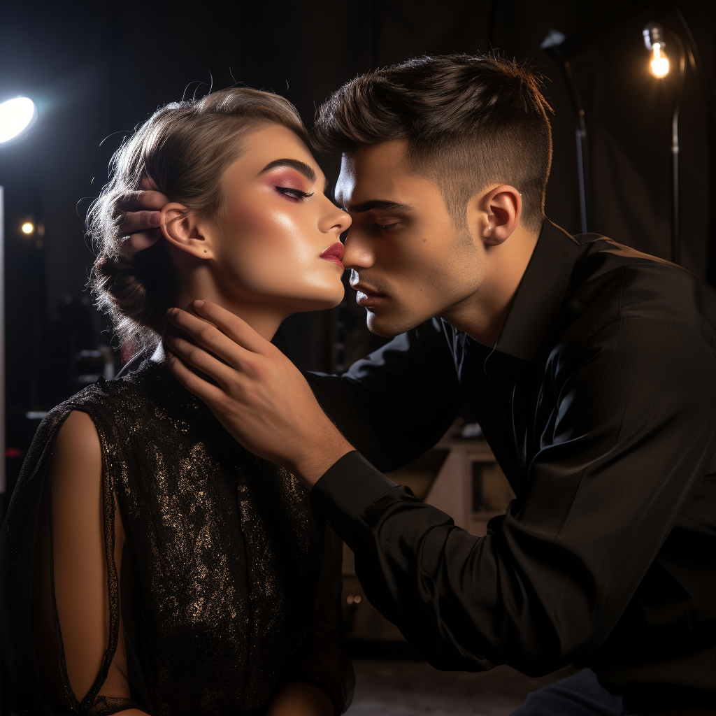 Male makeup artist applying makeup on model in studio